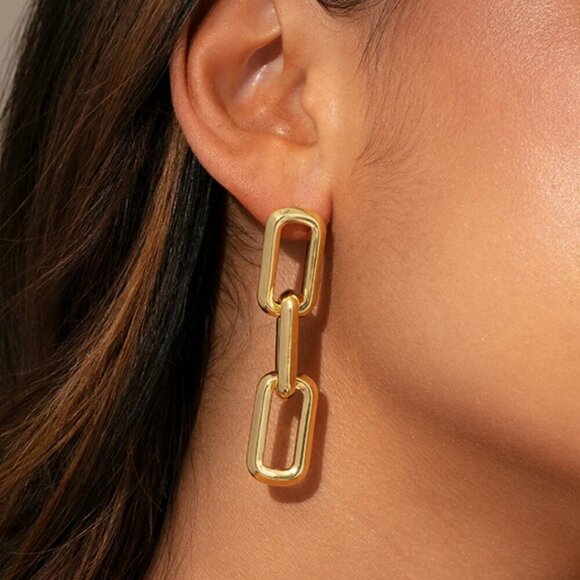 Dangle Chain Triple Link Gold Statement Earrings New - Picture 1 of 7